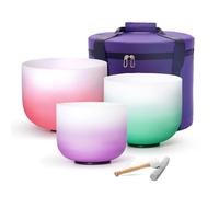 Hye-eun Crystal Singing Bowls Set, 432HZ 8-12 Inch Quartz Gradient Color Chakra Tuned Singing Bowl Set of 3 (8"B 10"F 12"C) for Sound Healing with Carrying Case Suede Striker and Rubber Mallet