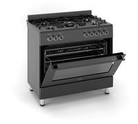 HYE Freestanding Gas Cooker 90cm with Large Single Electric Oven, 5 Gas Burners, Timer, Child Lock, Accessories, Digital Controls, Adjustable Alarm & Modern Black Finish - C01FS90G17 [2025]