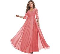 HYEC7 3/4 Sleeve Mother of The Bride Dress for Wedding Lace Chiffon Long Dress for Wedding A Line Formal Evening Gown Coral
