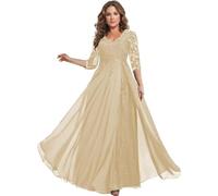 HYEC7 3/4 Sleeve Mother of The Bride Dress for Wedding Lace Chiffon Long Dress for Wedding A Line Formal Evening Gown Champagne