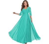 HYEC7 3/4 Sleeve Mother of The Bride Dress for Wedding Lace Chiffon Long Dress for Wedding A Line Formal Evening Gown Turquoise