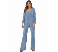 HYEC7 3 Pieces Mother of The Bride Trouser Suits Sequin Chiffon Mother of The Bride Outfits Dusty Blue