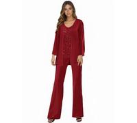 HYEC7 3 Pieces Mother of The Bride Trouser Suits Sequin Chiffon Mother of The Bride Outfits Wine Red