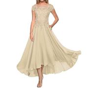HYEC7 Lace Appliques Mother of The Bride Dress A Line Chiffon Evening Formal Dress Short Sleeve Champagne