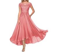 HYEC7 Lace Appliques Mother of The Bride Dress A Line Chiffon Evening Formal Dress Short Sleeve Coral
