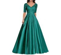 HYEC7 Lace Appliques Mother of The Bride Dresses Satin V-Neck Formal Evening Gown Long A-Line Prom Dress