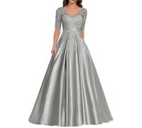 HYEC7 Lace Appliques Mother of The Bride Dresses Satin V-Neck Formal Evening Gown Long A-Line Prom Dress Silver