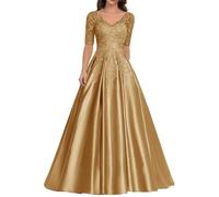HYEC7 Lace Appliques Mother of The Bride Dresses Satin V-Neck Formal Evening Gown Long A-Line Prom Dress Gold
