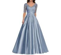 HYEC7 Lace Appliques Mother of The Bride Dresses Satin V-Neck Formal Evening Gown Long A-Line Prom Dress Dusty Blue