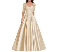 HYEC7 Lace Appliques Mother of The Bride Dresses Satin V-Neck Formal Evening Gown Long A-Line Prom Dress Champagne