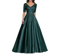HYEC7 Lace Appliques Mother of The Bride Dresses Satin V-Neck Formal Evening Gown Long A-Line Prom Dress Teal