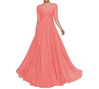 HYEC7 Lace Appliques Mother of The Bride Dresses Short Sleeves Long Chiffon Prom Dresses a Line Bridesmaid Dress with Bead Coral