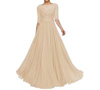HYEC7 Lace Appliques Mother of The Bride Dresses Short Sleeves Long Chiffon Prom Dresses a Line Bridesmaid Dress with Bead Champagne