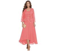 HYEC7 Lace Mother of The Bride Dresses with Jacket 2 Pieces Tea Length Chiffon Dress Aline Formal Wedding Guest Dress Coral
