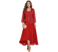 HYEC7 Lace Mother of The Bride Dresses with Jacket 2 Pieces Tea Length Chiffon Dress Aline Formal Wedding Guest Dress Red