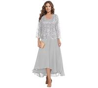 HYEC7 Lace Mother of The Bride Dresses with Jacket 2 Pieces Tea Length Chiffon Dress Aline Formal Wedding Guest Dress Silver