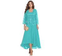 HYEC7 Lace Mother of The Bride Dresses with Jacket 2 Pieces Tea Length Chiffon Dress Aline Formal Wedding Guest Dress Turquoise