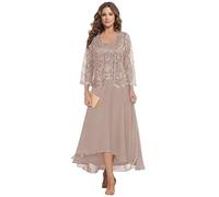 HYEC7 Lace Mother of The Bride Dresses with Jacket 2 Pieces Tea Length Chiffon Dress Aline Formal Wedding Guest Dress Taupe