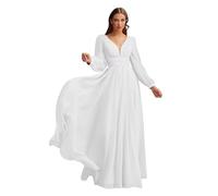 HYEC7 Long Sleeve Chiffon Bridesmaid Dresses Empire Waist V-Neck Formal Dresses A-Line Pleated Evening Gowns with Pockets White