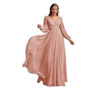 HYEC7 Long Sleeve Chiffon Bridesmaid Dresses Empire Waist V-Neck Formal Dresses A-Line Pleated Evening Gowns with Pockets Dusty Rose