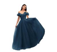 HYEC7 Off Shoulder Tulle Prom Dress - Long Sleeveless Ball Gown with Feather A-line Formal Wedding & Quinceanera Dress - Navy Blue