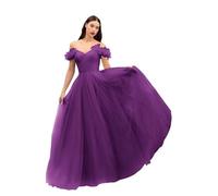 HYEC7 Off Shoulder Tulle Prom Long Sleeveless Ball Gown With Feather A-line Formal Wedding Quinceanera Dress Purple