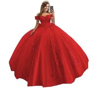 HYEC7 Off Shoulder Tulle Quinceanera Dresses 3D Flower Puffy Ball Gown Lace Pageant Prom Sweet 15 16 Dresses Red