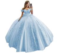 HYEC7 Off Shoulder Tulle Quinceanera Dresses 3D Flower Puffy Ball Gown Lace Pageant Prom Sweet 15 16 Dresses Sky Blue