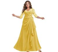 HYEC7 Ruffles Chiffon Prom Dress Mother of The Bride Dresses 3/4 Sleeve Formal Party Prom Gowns Wedding Guest Dress Yellow