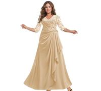 HYEC7 Ruffles Chiffon Prom Dress Mother of The Bride Dresses 3/4 Sleeve Formal Party Prom Gowns Wedding Guest Dress Champagne