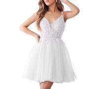 HYEC7 Tulle Short Homecoming Dresses Lace Applique Short Prom Dresses Junior's V Neck Beaded Ball Gown for Teens White
