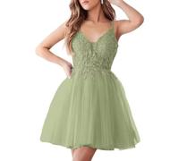 HYEC7 Tulle Short Homecoming Dresses Lace Applique Short Prom Dresses Junior's V Neck Beaded Ball Gown for Teens Sage Green