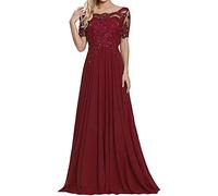 HYEC7 Women's Lace Applique Mother of The Bride Prom Dress Elegant Scoop Neck A Line Chiffon Maxi Evening Dresses Wine Red
