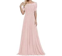 HYEC7 Women's Lace Applique Mother of The Bride Prom Dress Elegant Scoop Neck A Line Chiffon Maxi Evening Dresses Pink
