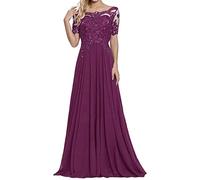 HYEC7 Women's Lace Applique Mother of The Bride Prom Dress Elegant Scoop Neck A Line Chiffon Maxi Evening Dresses