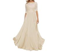 HYEC7 Women's Lace Appliques Mother of The Bride Dresses 3/4 Sleeve Long Formal Evening Dresses A Line Prom Dress Champagne