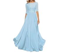 HYEC7 Women's Lace Appliques Mother of The Bride Dresses 3/4 Sleeve Long Formal Evening Dresses A Line Prom Dress Light Blue