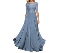 HYEC7 Women's Lace Appliques Mother of The Bride Dresses 3/4 Sleeve Long Formal Evening Dresses A Line Prom Dress Dusty Blue