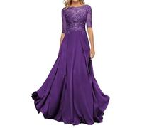 HYEC7 Women's Lace Appliques Mother of The Bride Dresses 3/4 Sleeve Long Formal Evening Dresses A Line Prom Dress Purple