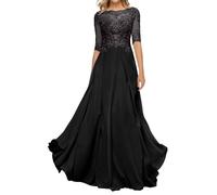 HYEC7 Women's Lace Appliques Mother of The Bride Dresses 3/4 Sleeve Long Formal Evening Dresses A Line Prom Dress Black