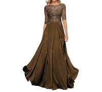 HYEC7 Women's Lace Appliques Mother of The Bride Dresses 3/4 Sleeve Long Formal Evening Dresses A Line Prom Dress Brown