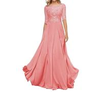 HYEC7 Women's Lace Appliques Mother of The Bride Dresses 3/4 Sleeve Long Formal Evening Dresses A Line Prom Dress Coral