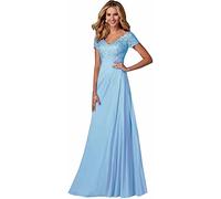 HYEC7 Women's Lace Appliques Mother of The Bride Dresses V-Neck Chiffon A Line Elegant Formal Evening Gowns Sky Blue