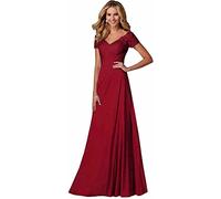 HYEC7 Women's Lace Appliques Mother of The Bride Dresses V-Neck Chiffon A Line Elegant Formal Evening Gowns Burgundy