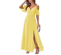 HYEC7 Women's Off Shoulder Chiffon Bridesmaid Dress Long A Line V Neck Slit Formal Evening Dresses for Junior Yellow
