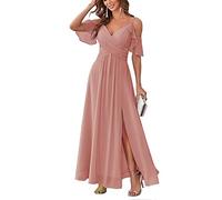 HYEC7 Women's Off Shoulder Chiffon Bridesmaid Dress Long A Line V Neck Slit Formal Evening Dresses for Junior Dusty Rose