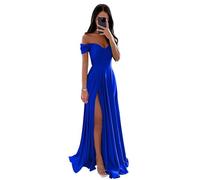 HYEC7 Women's Off The Shoulder Prom Dresses Satin Ruched Long Formal Evening Gowns A-Line Slit Prom Gown Royal Blue
