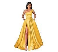 HYEC7 Women's One Shoulder Satin Prom Dress Long with Pockets Bridesmaid Dress A-Line Slit Formal Party Gown Yellow
