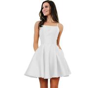 HYEC7 Women's Spaghetti Homecoming Dresses A-Line Sleeveless Prom Dress Short Satin Formal Prom Evening Gowns with Pockets White