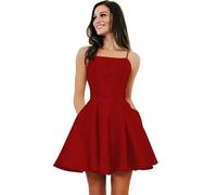 HYEC7 Women's Spaghetti Homecoming Dresses A-Line Sleeveless Prom Dress Short Satin Formal Prom Evening Gowns with Pockets Red